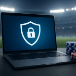 A laptop displaying a security shield symbol next to stacks of poker chips on a table, with a blurred stadium background