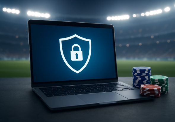A laptop displaying a security shield symbol next to stacks of poker chips on a table, with a blurred stadium background