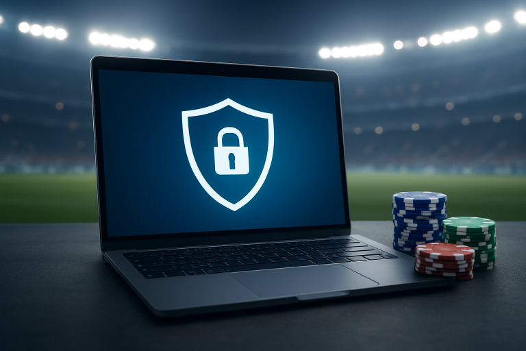 A laptop displaying a security shield symbol next to stacks of poker chips on a table, with a blurred stadium background
