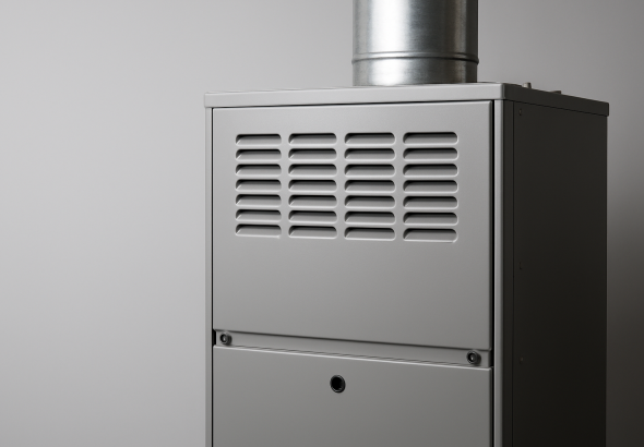 A close-up of a modern furnace with venting pipe