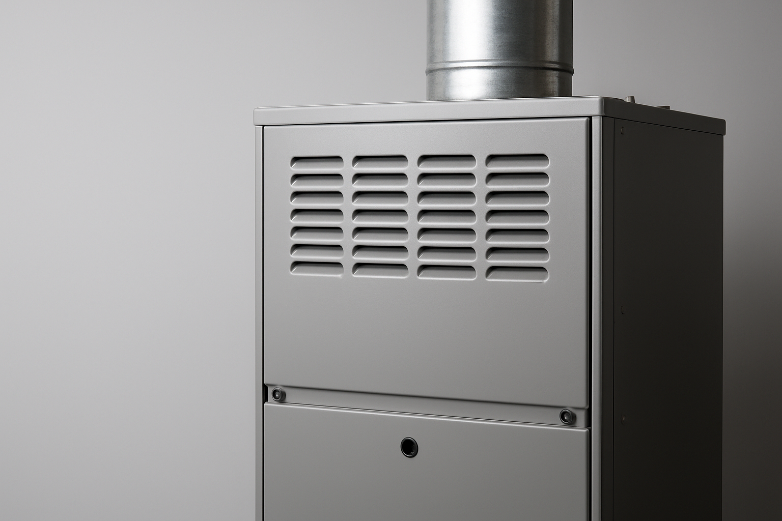 A close-up of a modern furnace with venting pipe